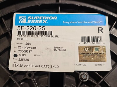 Superior Essex 5F-220-25 1000FT Copper Cable 4 Pair 24 AWG Cat 5e CMR SCTP Blue