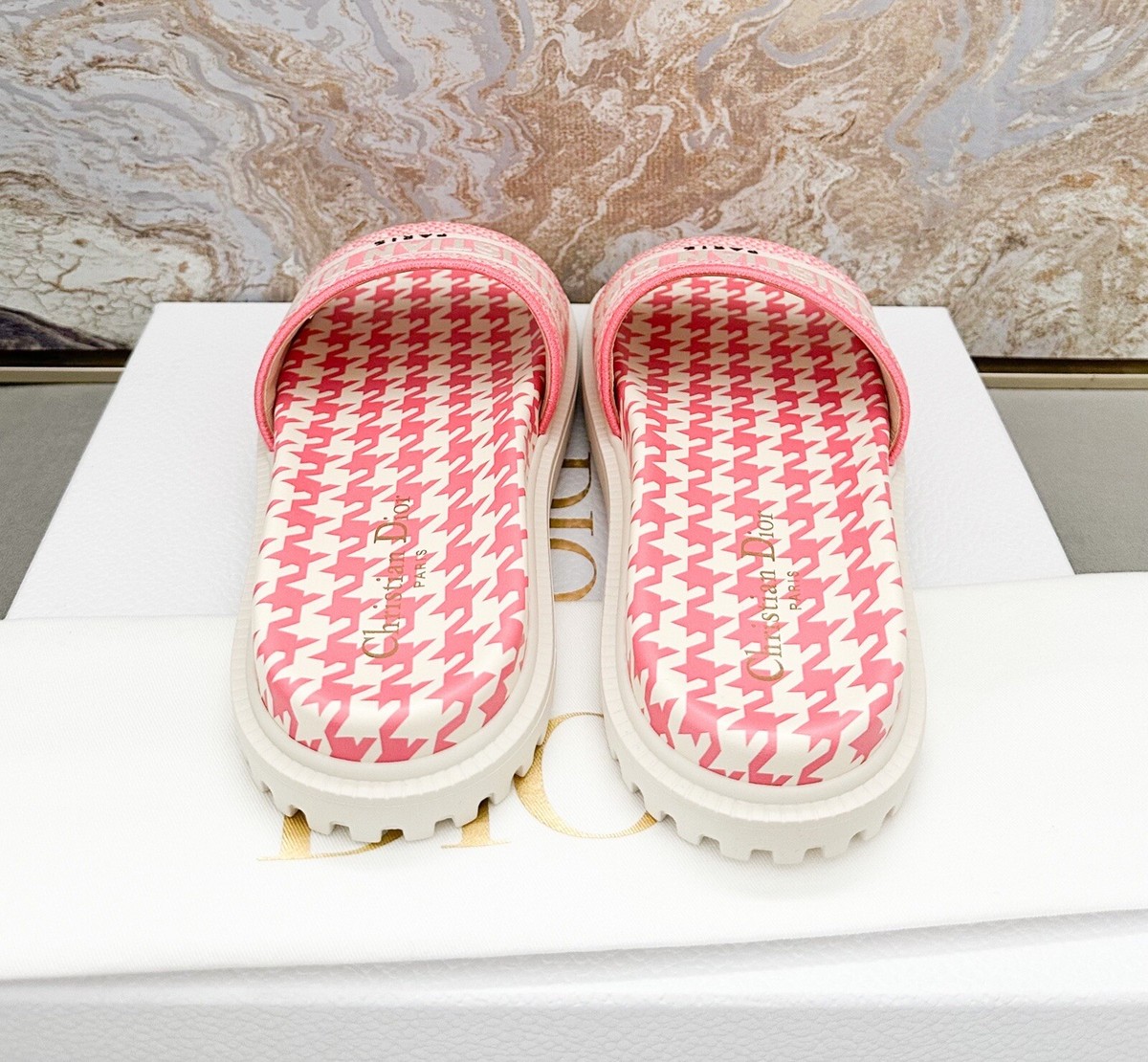Christian Dior Canvas Houndstooth Embroidered Dway Slide Sandals