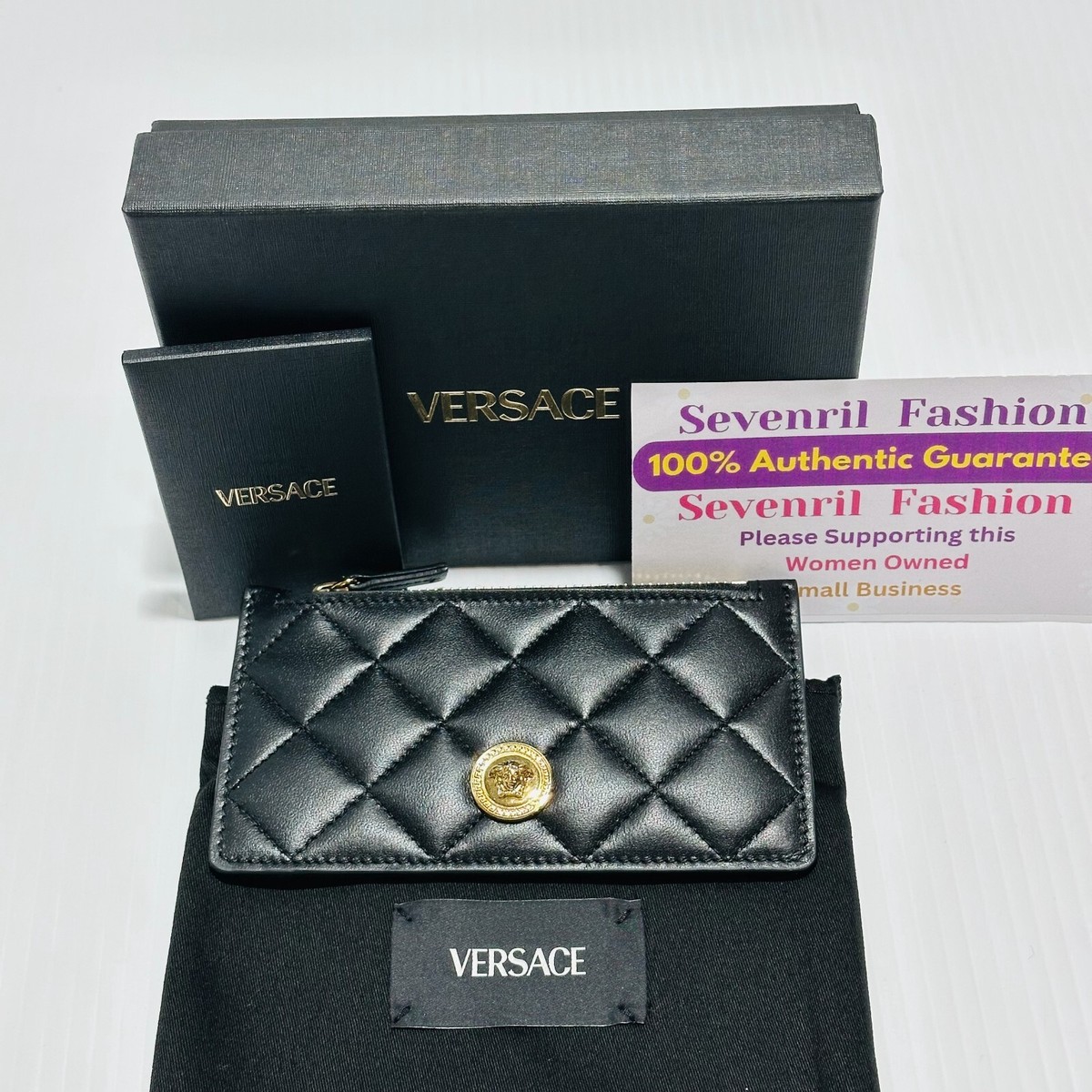 Versace★素敵!Black Quilted Leather Medusa Head Card Case Versace Medusa Card Case Holder Wallet Women's Black Quilted