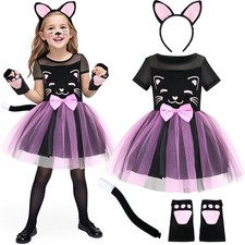 Girls Cat Costume Kitty Dress Costumes Accessories Cat Ears Headband Gloves T...
