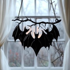 Hanging Bat Trio Suncatcher, Gothic Faux Stained Glass Halloween Window Decor