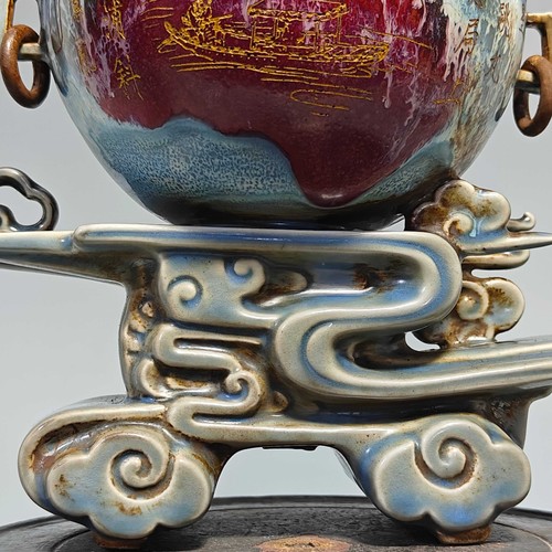 10.6" Old Antique Porcelain Song Jun Kiln Marked Fambe Lettering Gilt Money Jar - Picture 4 of 9