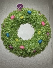 Handmade Artificial Easter Wreath with Colorful Egg Ornaments, Green, Pink, Blue