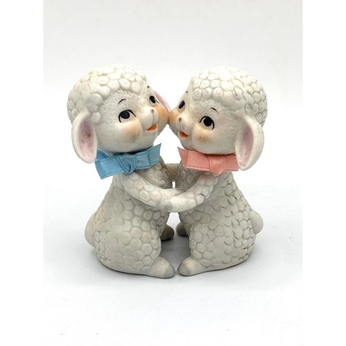 Vintage Miniature Porcelain Hugging Lambs Figurine
