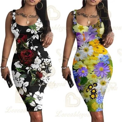 Summer Dresses Female Flowers Rose Pink 2022 Women's Sexy Tank Dress Sleeveless
