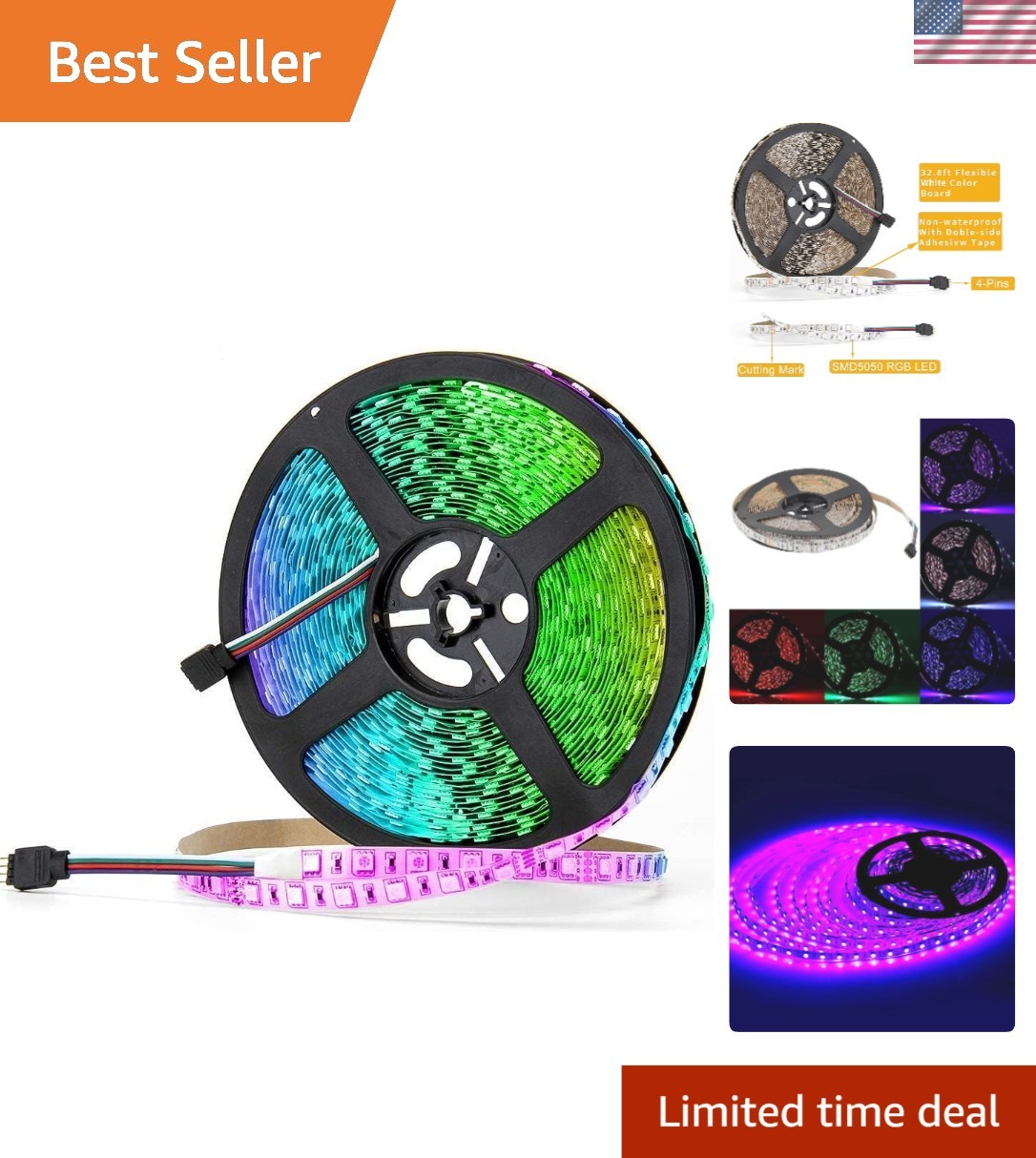 32.8FT RGB LED Strip with Adhesive Backing - Custom Color Lighting