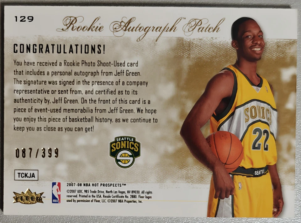 Jeff Green RPA 4 Colores Evento Usado 07-08 Fleer Hot Prospects 129 Supersonics/399 Foto 2 de 2