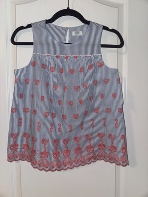 Crown & Ivy Kids Girls Large Blue Striped Coral Embroidered Sleeveless Top