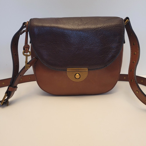 FOSSIL Emi Saddle Bag Brown Cognac Leather Two Tone Crossbody Purse Bag