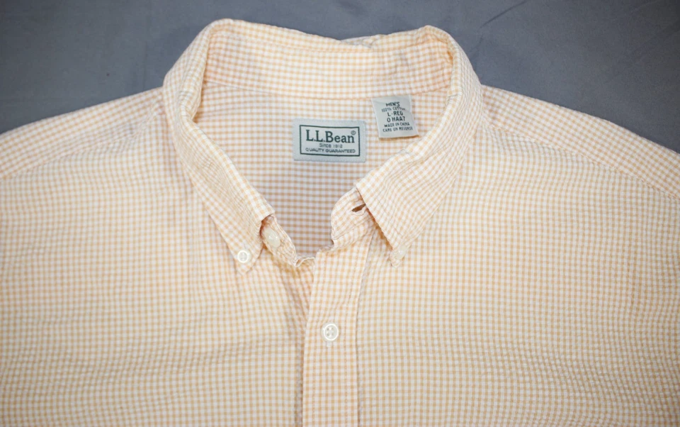 L.L. Bean Shirt Men's L Seersucker Short Sleeve Button Down Gingham Check Orange - Image 3 of 4