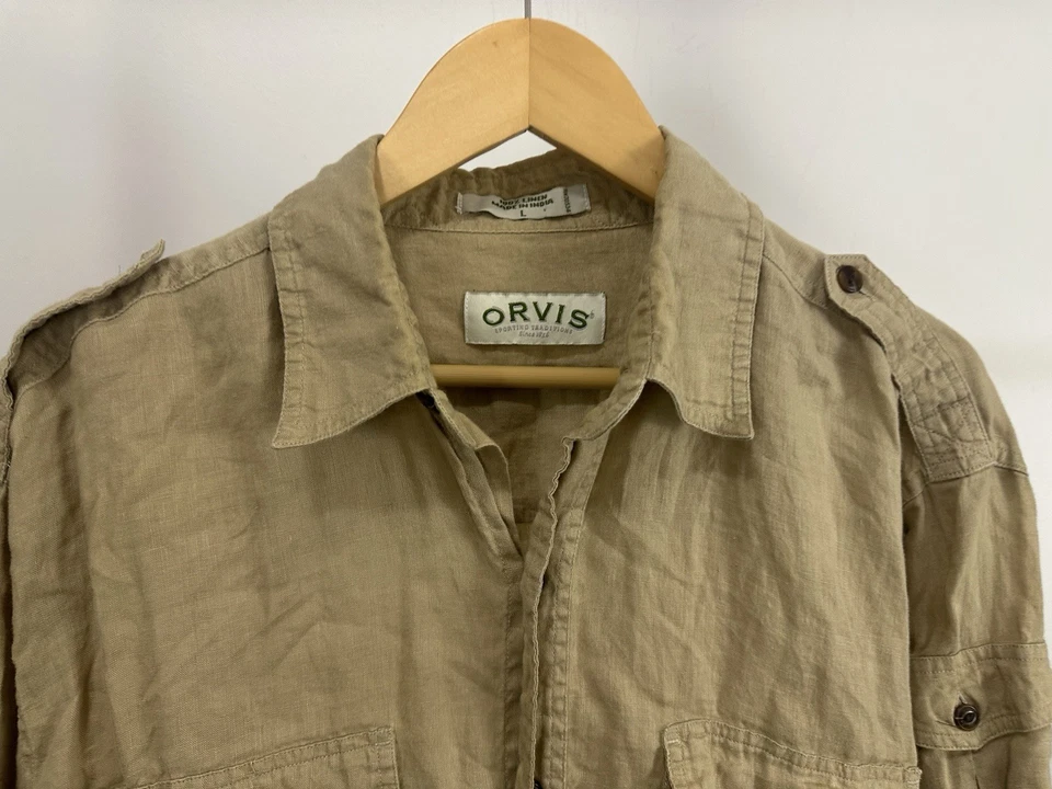 VTG Orvis 100% Linen Roll Tab Long Sleeve Button Military Army Shirt Size L - Image 4 of 4