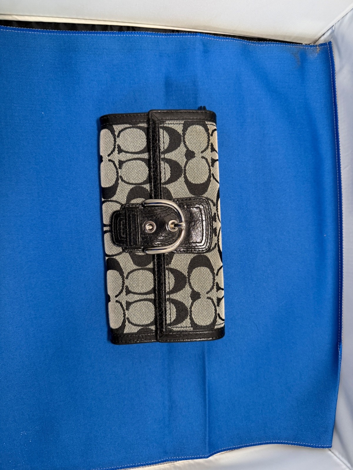 COACH Legacy Signature Canvas Leather Trim Black Large Trifold Wallet