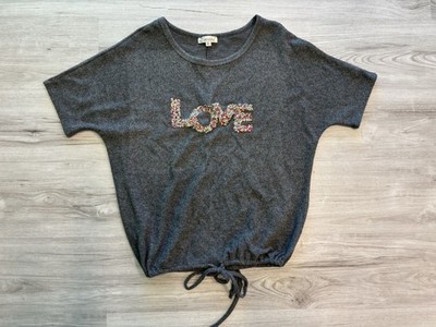Lavish Grey Short-sleeve Top with A Gem LOVE Graphic and A Tie-front Hem MD
