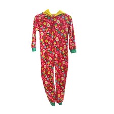 Sleep On It Emoji Christmas Union Suit Kids M 10/12 Red Santa Hooded Pajamas
