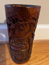 ANTIQUE Chinese Carved Natural Bamboo Brush Pot Very Detailed
