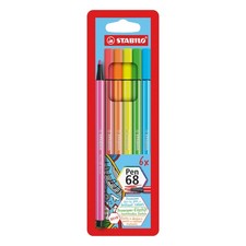 Premium Fibre-Tip Pen - STABILO Pen 68 - Pack of 6 - Neon Colours Pack of 6 Neon
