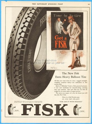 1927 Fisk Tire Chicopee Falls MA Woman in Rain Boston Terrier Puppy Dog Art Ad