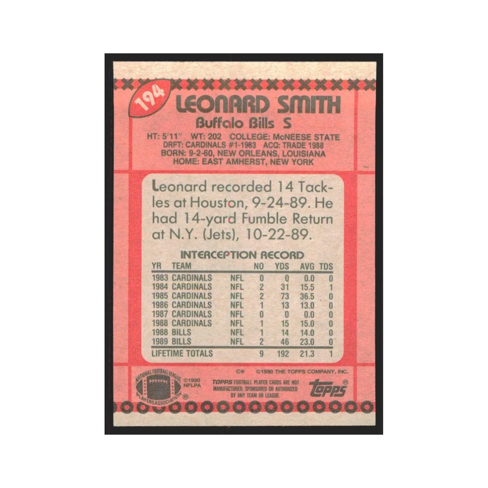 1990 Topps Leonard Smith Bills #194 - Image 2 of 3