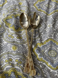 Golden Flatware Salad Servers Fork & Spoon 12.5” Long Unbranded Used