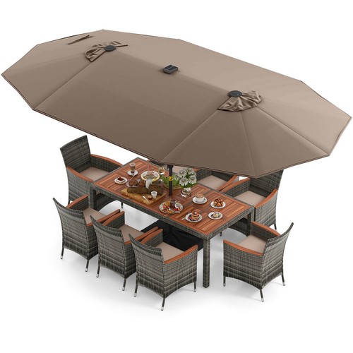 11 PCS Patio Dining Set with 15 ft Double-Sided Patio Umbrella 8 Armchairs