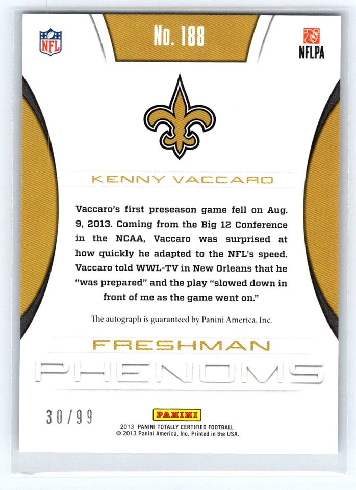 2013  Panini Totally Certified #188 Kenny Vaccaro 30/99 Totally Red Signatures - Image 2 of 2