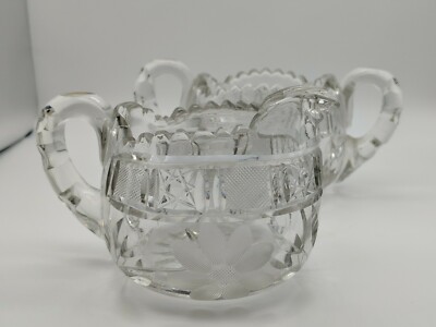 Vintage Heavy Lead Crystal Etched Cut Floral Glass Creamer & Open Sugar Bowl Set