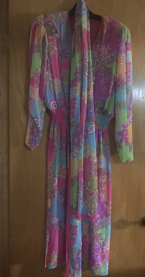 Vestido midi vintage anos 70 anos 80 Diane Freis rosa brilhante vermelho laranja corpete frisado tamanho P/M - Imagem 3 de 4