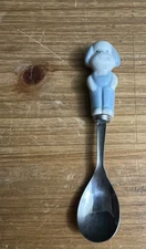 Vintage STAINLESS JAPAN BABY Flatware SPOON BLUE/WHITE CERAMIC ANIMAL/DOG TOP