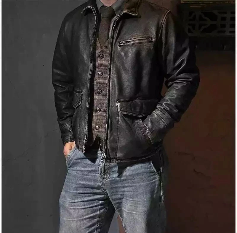 Mens Distressed Black Leather Biker Jacket Vintage Cafe Racer Motorcycle Coat
Opens in a new window
