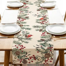 Winter Pine Needle Branches Table Runner, Pine Cone Cardinal Red Birds Berry Far