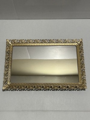 Vintage Rectangular Dresser Top Vanity Mirror Perfume Tray Gold Tone Metal