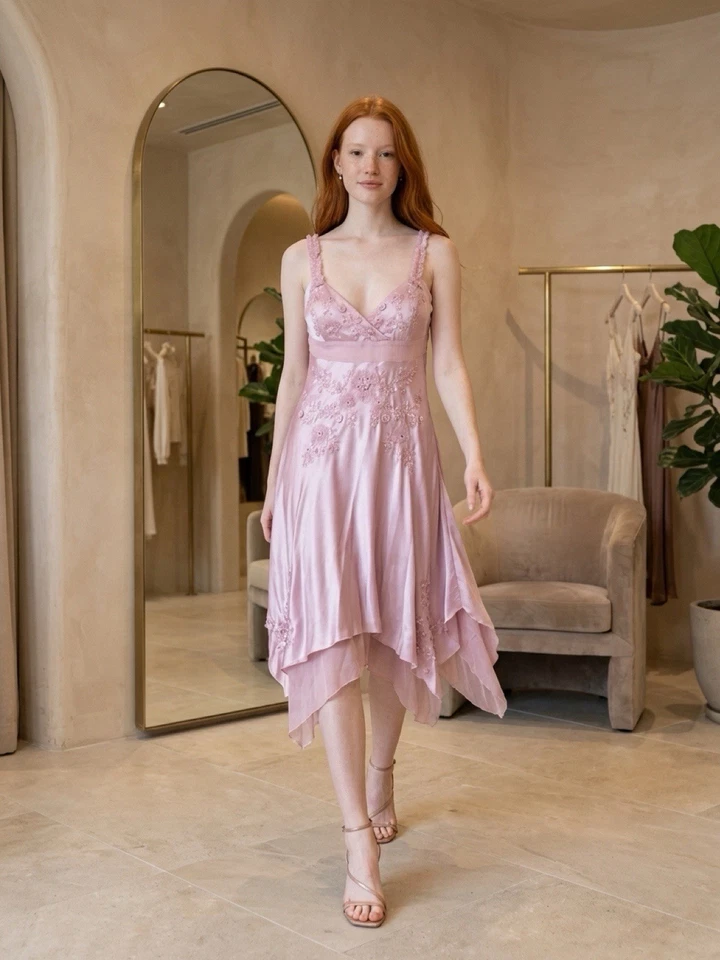 Vestido Sue Wong Y2K Rosa Lavanda Talla 6 Excelente Vintage 3D Flores Cuentas - Imagen 4 de 4