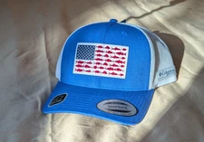 Columbia PFG Fish American Flag Blue Snapback Mesh Trucker Men's Hat