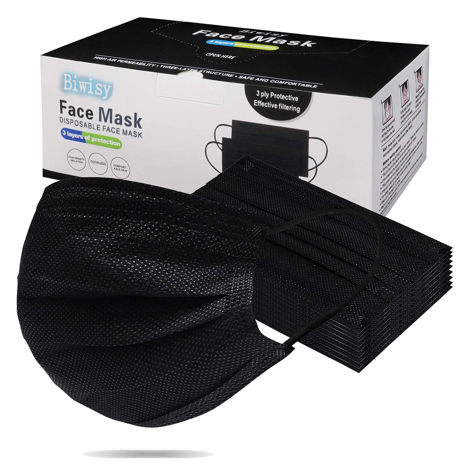 50pcs 3-Ply Disposable Face Mask Breathable Black Masks of 50 PCS Black