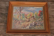 Vtg Running Deer Print. Great Colors. Solid Wood Frame Under Glass. 13.5 x 16.5"