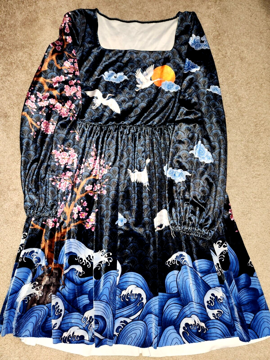 Blackmilk Flight Of Tsuru Velvet Squared Up Bishop Longline Dress