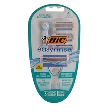 BIC EasyRinse Razor Kit, 3 Refills, Anti-Clog Blades for Smooth Shave