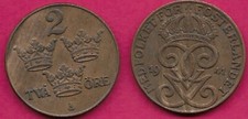 SWEDEN 2 ORE 1941 GUSTAF V CROWNED KINGS MONOGRAM  OF KING GUSTAF V OF SWEDENCro