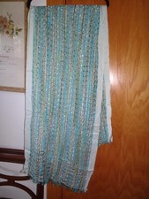 GORGEOUS HAND WOVEN TURQUOISE RAW SILK SHAWL/SCARF WITH WOVEN BORDERS- 72" X 19"