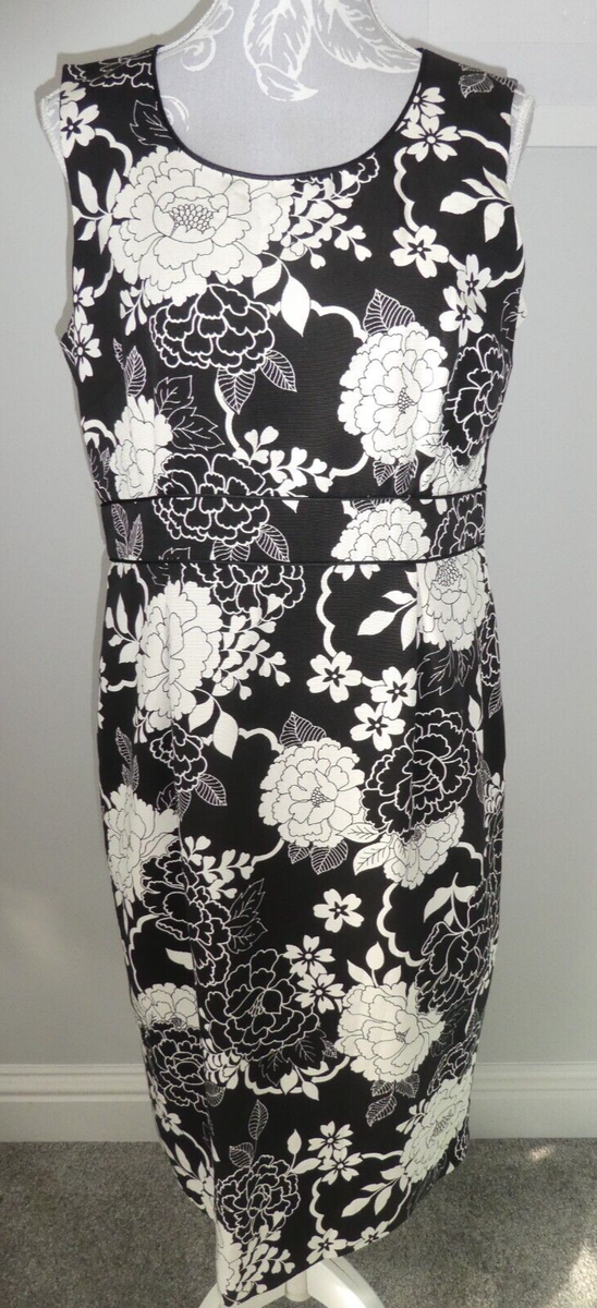 LADIES STUNNING SIZE 14 BLACK & WHITE FLORAL PRINT DRESS SILK MIX COUNTRY  CASUAL