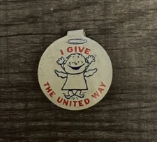 Vintage Collectible Fold Over Pin Button: I Give United Way  
