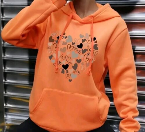 Women Graphic Big+Sm Hearts Print Pullover Loose Orange Sweatshirt Hoodie Sm 4 - Picture 2 of 9