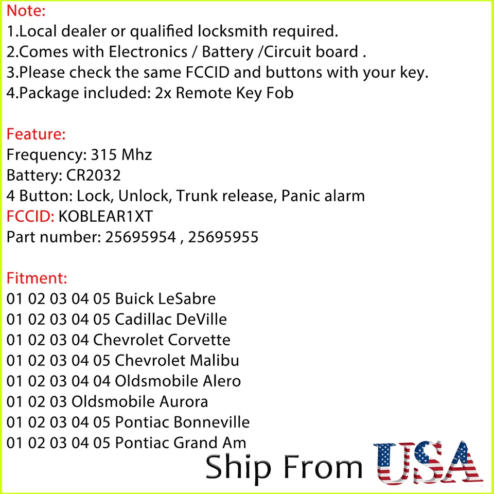 2 для 2001 2002 2003 2004 2005 Buick LeSabre Cadillac DeVille дистанционный брелок 4B - Изображение 2 из 4