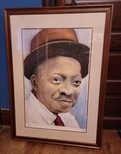 ORIGINAL OIL PAINTING LARGE FRAMED JAZZ MUSICIAN COLEMAN HAWKINS HAT ETCHING VTG