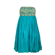 Lilly Pulitzer Dress Womens Sz 6 Aqua Blue Gold Silk Strapless Empire Waist