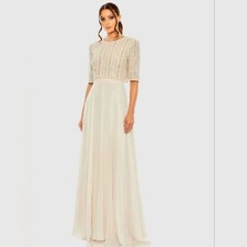 NWT Mac Duggal Gown 16 Beaded 3/4 Sleeve Top Nude Beige Chiffon Sequin Pearl