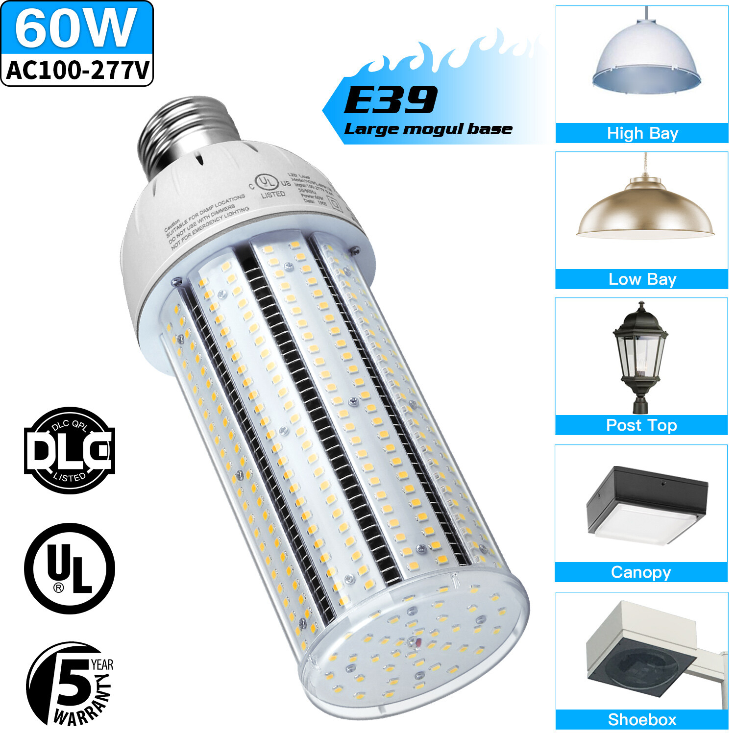 60W LED Corn Light Bulb E39 Mogul Base Warehouse Lamp 5000K Daylight AC100-277V