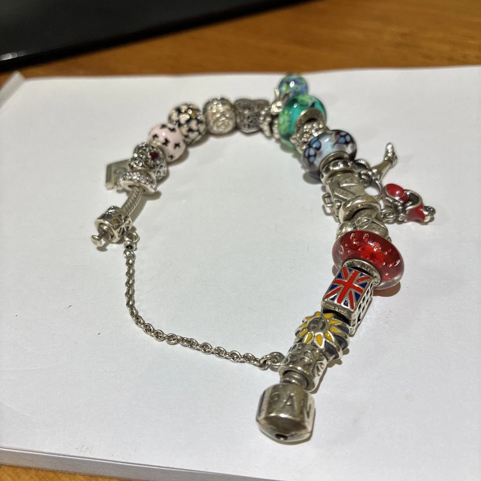 STERLING SILVER PANDORA BRACELET 20 CHARMS VINTAGE with additional clasp  - Image 3 of 4