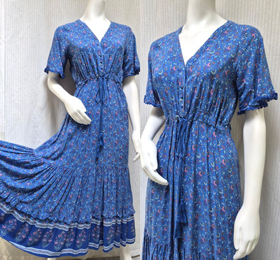 R. Vivimos Boho Blue Floral Maxi Dress with Crochet Trim Ruffle Tiered Hem - S