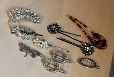 Vintage 10 Piece Lot Barrettes Clips Hair Pins Rhinestones Crystals Faux Pearls